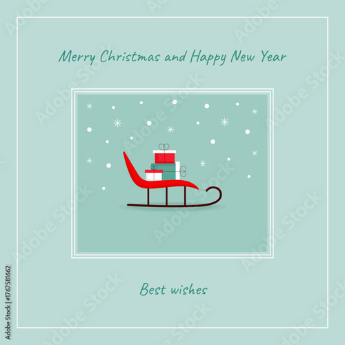 Christmas card with  sled with gifts  in doodle style on blue background. Merry Christmas and New Year postcard. Holiday poster. Invintation poster. Christmas template. Vector illustration. 