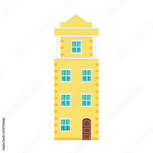 Isolated yellow house in european style. Facade of building. Amsterdam style building. Cartoon  facade. Colorful house. Old city manor. Flat design. Vector illustration.
