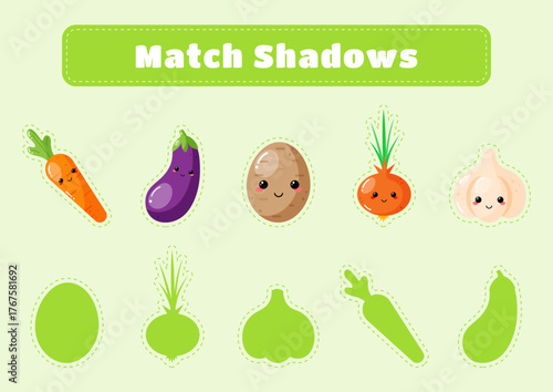 Educational game for kids match shadows. Cute veggies. Match shadows game. Educational activity worksheet.Illustration for kids books and workbooks. Logical quest for children.  Vector illustration.