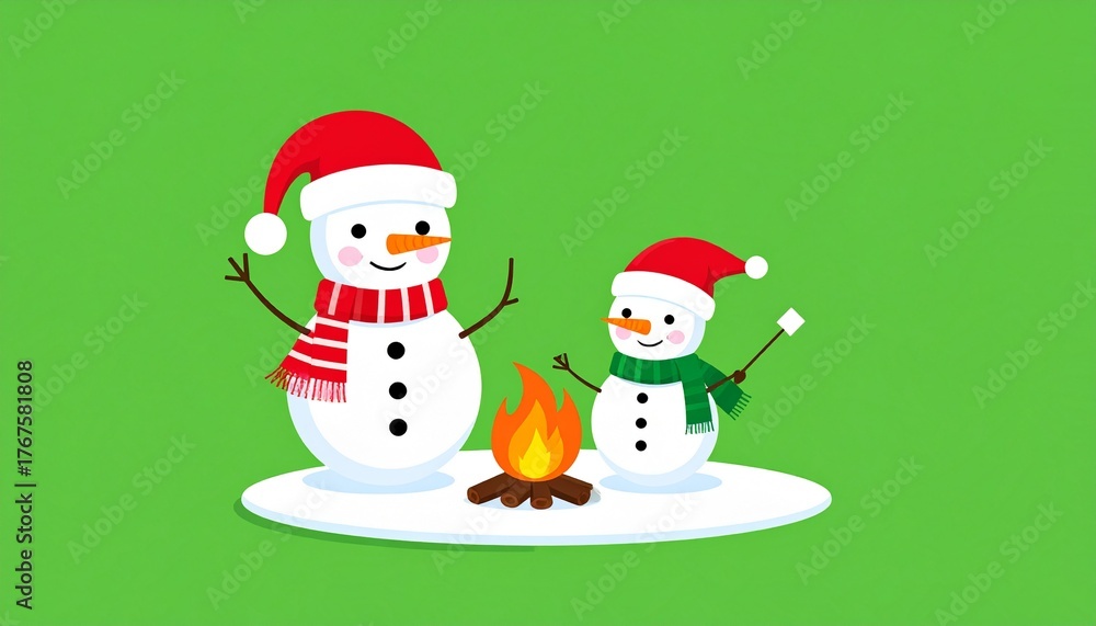Fototapeta premium Cute Cartoon Snowmen Roasting Marshmallows by Campfire