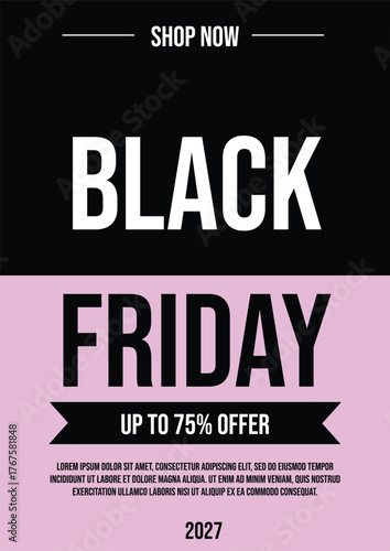 Black Friday sale poster template collection with bold typography, pink and black color scheme, discount offers up to 75% off, and modern promotional design.