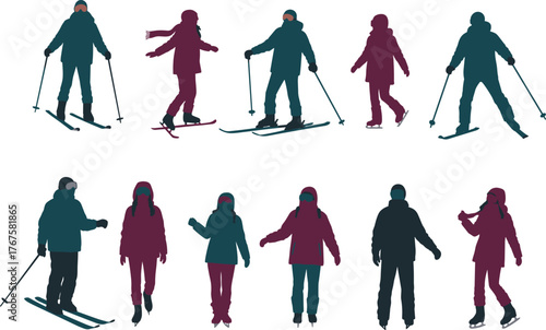 Cad drawing flat vector illustration, winter sports silhouettes set, skiing and ice skating activity, seasonal holiday leisure, cold weather design template