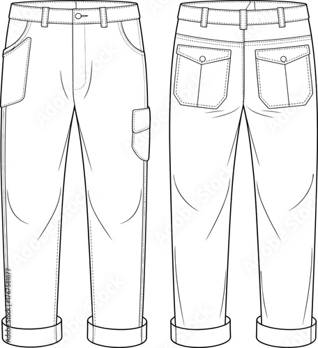 Cargo pants flat sketch, fashion design vector template, garment CAD drawing, clothing blueprint illustration, relaxed fit trousers outline, rolled cuff design