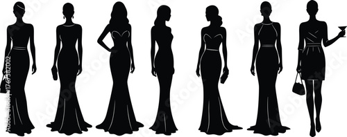 Fashion Women Silhouettes Dresses Gowns Cocktail Eveningwear Elegant Style Modeling Luxury Formal Party Event Illustration Design Art Chic Stylish
