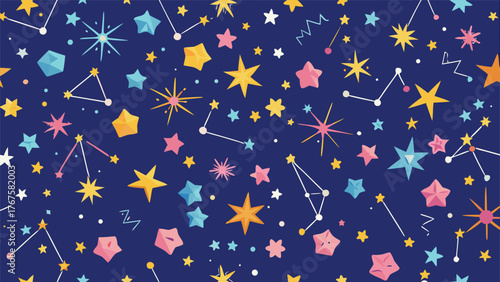 A lively pattern filled with bright stars and constellations, creating a celestial-themed visual display..eps