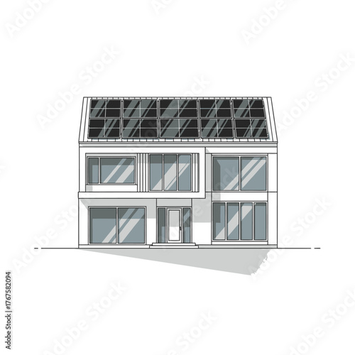 Vector illustration of a modern, eco-friendly house with a roof covered in solar panels, representing sustainable living and renewable energy