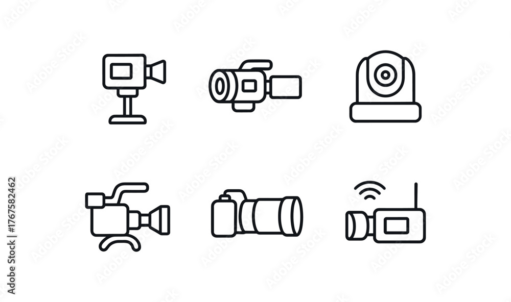 Fototapeta premium simple outline stroke icon isolated on white background mounted stage camera 4K handheld camcorder robotic PTZ camera shoulder rig camera telephoto camera wireless feed camera
