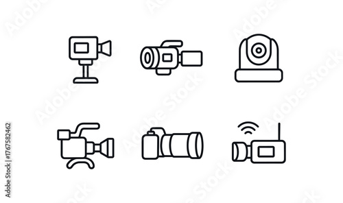 simple outline stroke icon isolated on white background mounted stage camera 4K handheld camcorder robotic PTZ camera shoulder rig camera telephoto camera wireless feed camera