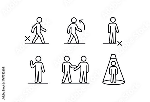 simple outline stroke icon isolated on white background cross stage walk upstage turn blocking to mark pause and gesture choreographed sequence spotlight hit step