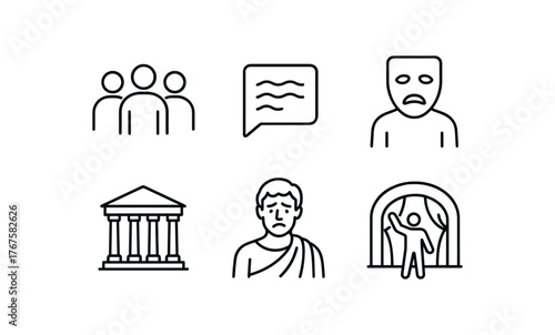 simple outline stroke icon isolated on white background chorus led structure poetic language monologue mask worn character historical setting dialogue tragic hero arc ancient stage gesture