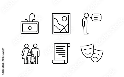 simple outline stroke icon isolated on white background realist kitchen sink drama abstract postmodern scene existential monologue work contemporary family story political theater script