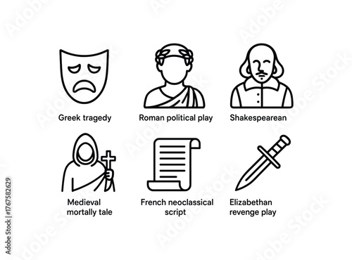 simple outline stroke icon isolated on white background Greek tragedy Roman political play Shakespearean tragedy medieval morality tale French neoclassical script Elizabethan revenge play
