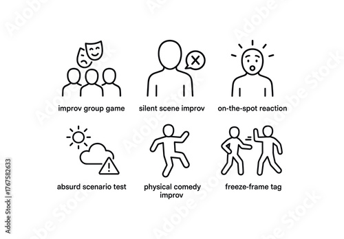 simple outline stroke icon isolated on white background improv group game silent scene improv on the spot reaction absurd scenario test physical comedy improv freeze frame tag