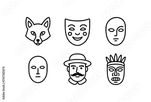 simple outline stroke icon isolated on white background animal mask painted expression mask half head mask minimalist neutral mask historical character mask ritual style mask
