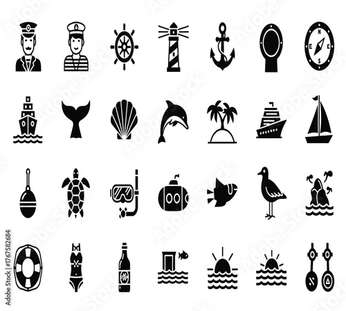 Collection of maritime icons isolated on white background, featuring various searelated elements such as boats, sea creatures, and navigational tools, all rendered in a bold, silhouette style