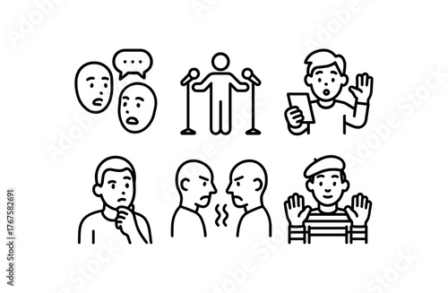 simple outline stroke icon isolated on white background unrehearsed dialogue exchange audience suggestion skit off script character moment ad lib response spontaneous conflict pantomime
