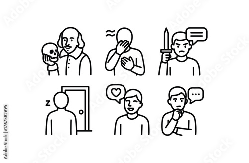 simple outline stroke icon isolated on white background Shakespeare soliloquy emotional breakdown speech revenge vow scene silent room confession love declaration monologue endgame