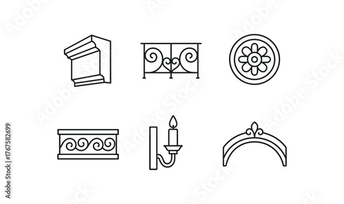 simple outline stroke icon isolated on white background box trim molding balcony edge flourish gold accented ceiling rosette plaster frieze band sconce bracket curved proscenium detail