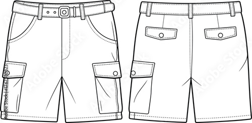 Cargo shorts flat sketch, fashion design vector template, garment CAD drawing, clothing blueprint illustration, utility shorts outline, belt loop detail, cad drawing flat vector illustration