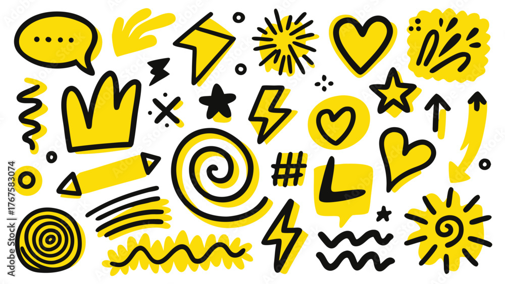 Obraz premium Abstract yellow doodles on a clean white background, designed by Julia for Stocksy United, adding a cheerful touch.eps