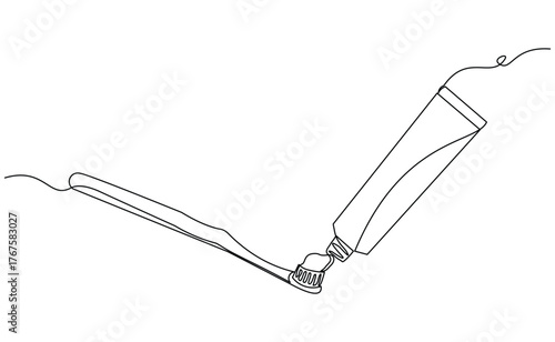 Continuous single line of tooth brush and tooth paste. Dental care sketch drawing editable stroke vector illustration