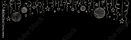 Disco party hand drawn doodle background with disco mirror ball, stars, hearts, serpentine. Chalk border scribble on the blackboard. Xmas, Christmas, New year, bachelorette celebration holiday pattern