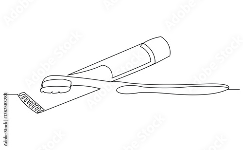Continuous single line of tooth brush and tooth paste. Dental care sketch drawing editable stroke vector illustration