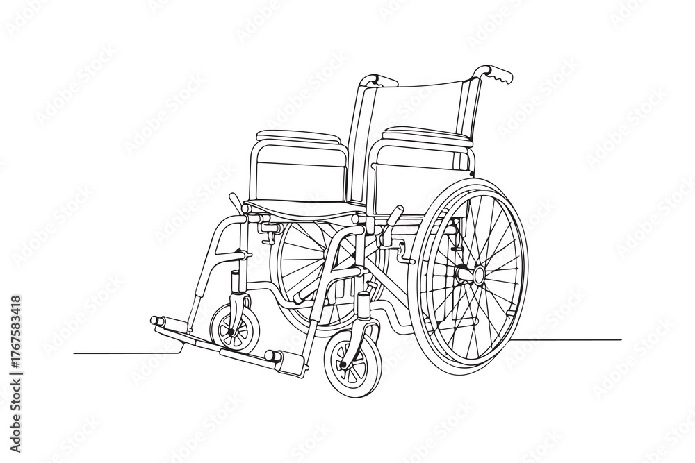 Fototapeta premium A detailed line art illustration of a wheelchair, symbolizing accessibility and mobility. Ideal for designs related to health care, disability support, and inclusive design