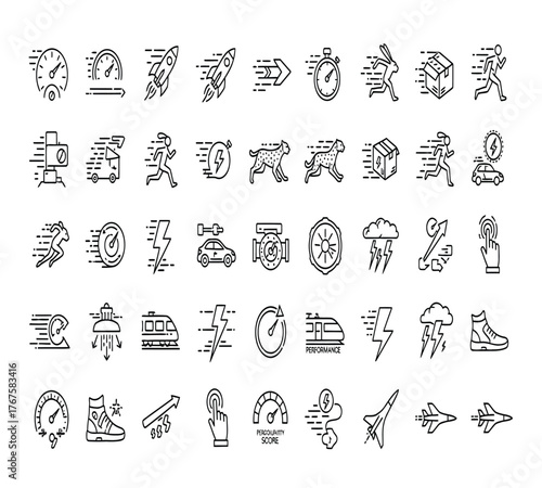 Collection of linear icons depicting speed, acceleration, and rapid movement isolated on white background, suitable for transportation and technology concepts