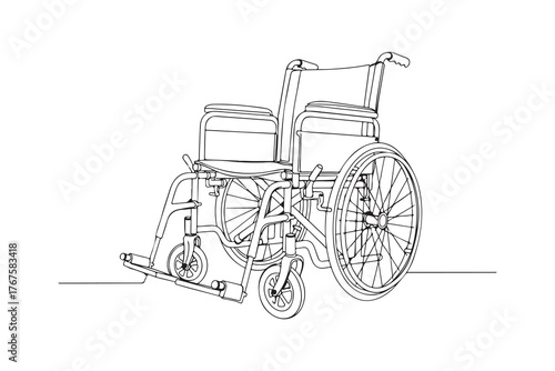 A detailed line art illustration of a wheelchair, symbolizing accessibility and mobility. Ideal for designs related to health care, disability support, and inclusive design