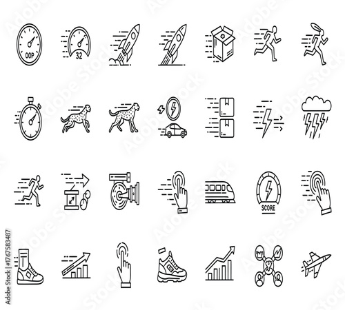 Collection of linear icons depicting speed, acceleration, and rapid movement isolated on white background, suitable for transportation and technology concepts