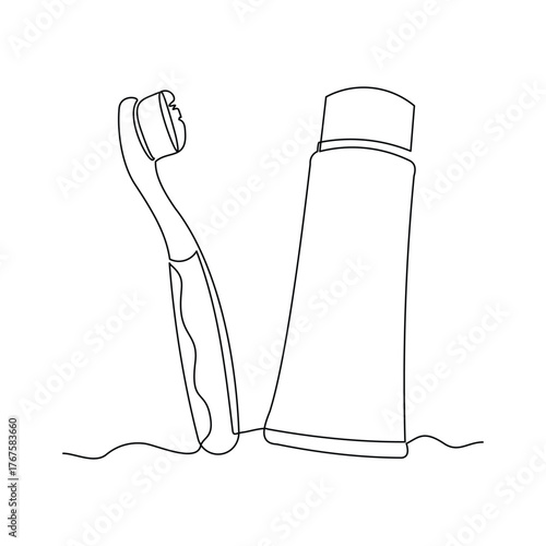 Continuous single line of tooth brush and tooth paste. Dental care sketch drawing editable stroke vector illustration
