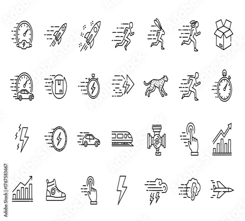 Collection of linear icons depicting speed, acceleration, and rapid movement isolated on white background, suitable for transportation and technology concepts