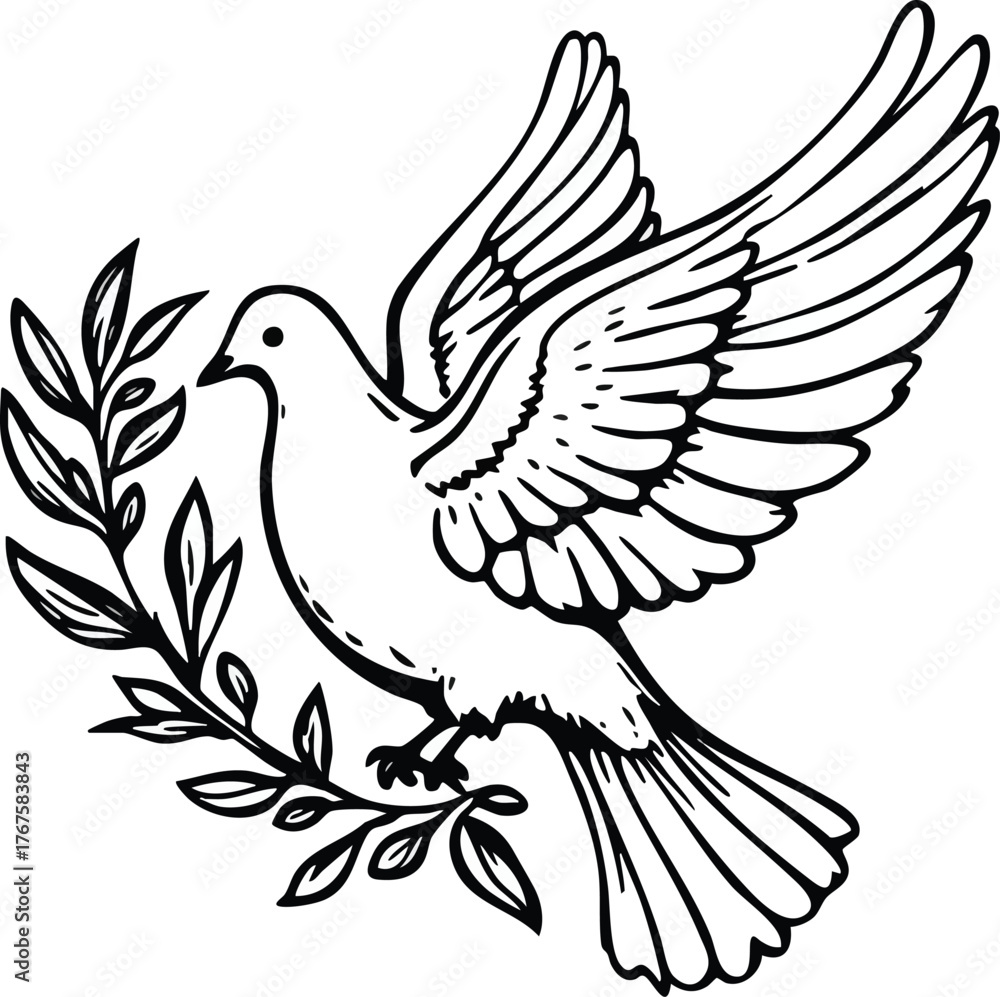 Naklejka premium Peace dove with olive branch black and white illustration symbolizing peace hope and reconciliation