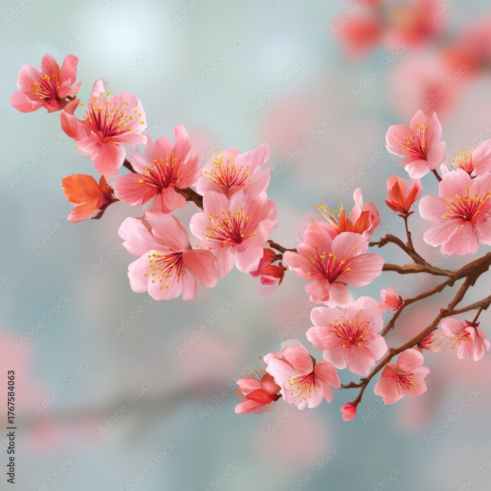Obraz premium A vibrant branch of cherry blossoms in soft pink hues, perfect for springtime themes, nature-related projects, or decorative designs, This image adds elegance to invitations and website backgrounds,