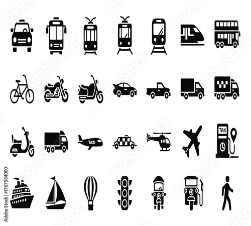 Collection of transportation icons isolated on white background, featuring a variety of vehicles such as cars, buses, trains, airplanes, ships, and more, all in simple black silhouettes
