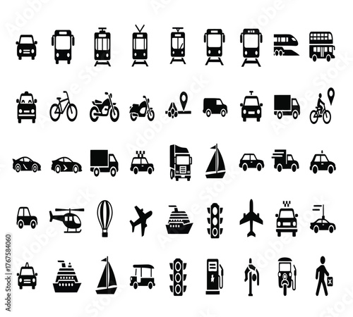 Collection of transportation icons isolated on white background, featuring a variety of vehicles such as cars, buses, trains, airplanes, ships, and more, all in simple black silhouettes