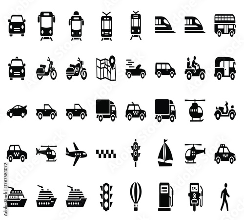 Collection of transportation icons isolated on white background, featuring a variety of vehicles such as cars, buses, trains, airplanes, ships, and more, all in simple black silhouettes