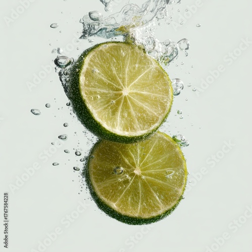 Fresh lime slices are submerged in sparkling water, creating vibrant bubbles and an appealing visual effect, This image can enhance beverage menus, health blogs, or cooking articles,
