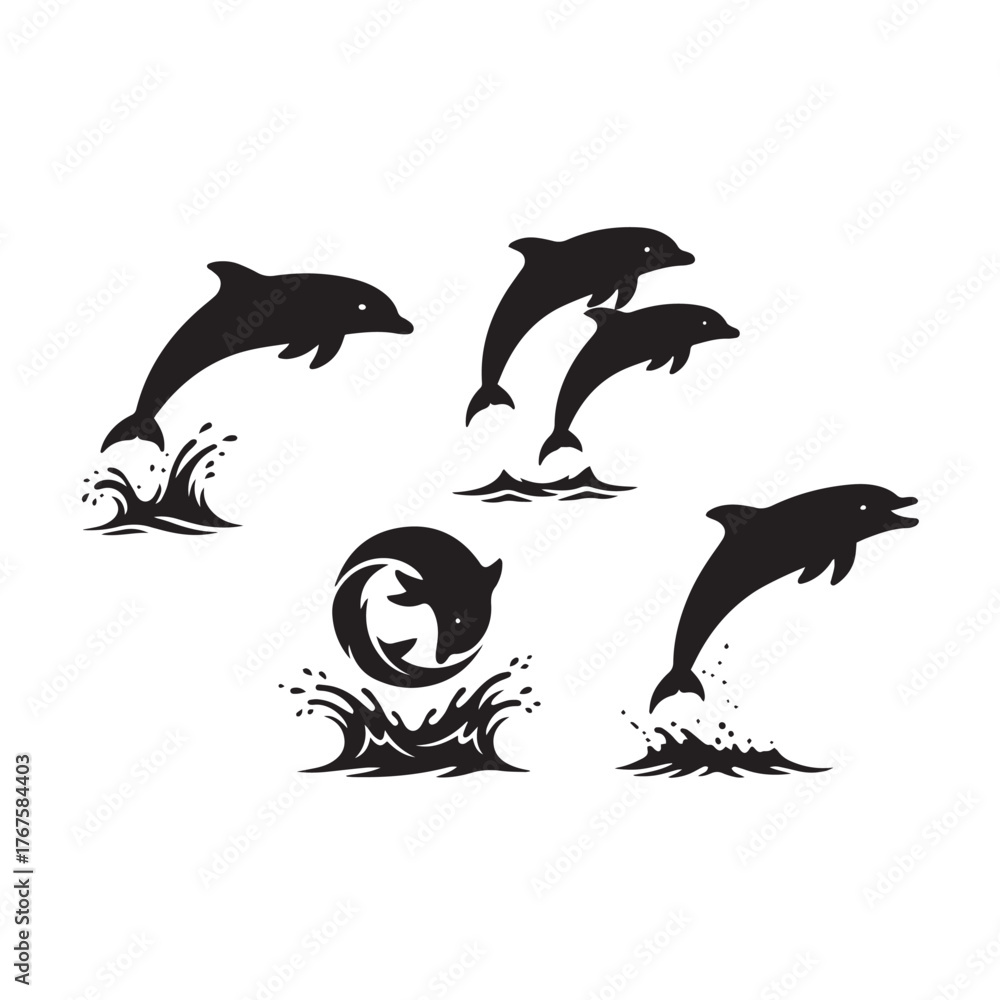 Fototapeta premium Silhouette of a dolphin jumping out of water, white background