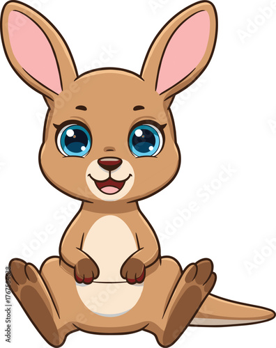 Cartoon baby kangaroo vector illustration, cute joey sitting pose, smiling marsupial character for kids, cad drawing flat vector illustration