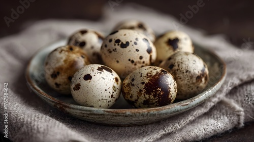 A close up still life photo of small speckled quail eggs presented in a rustic ceramic dish set against a soft textured fabric background