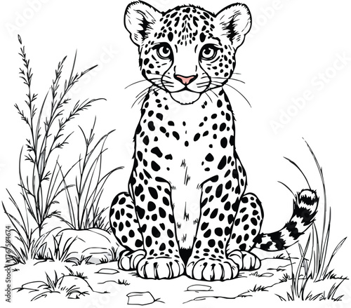 Young leopard illustration sitting with expressive eyes detailed spot pattern for coloring and wildlife design