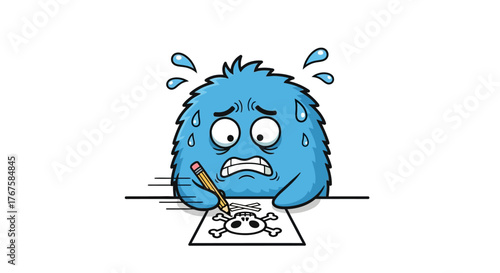 Furry blue monster drawing skull and crossbones in distress under pressure