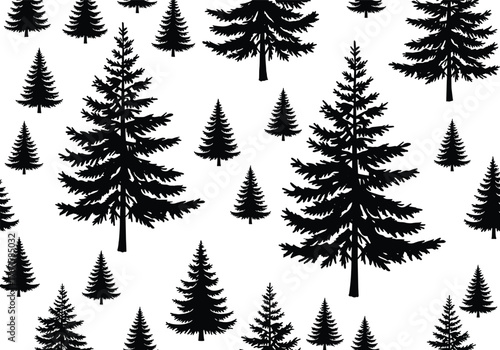 Pine Tree Forest Silhouette Nature Woodland Evergreen Landscape Background Illustration Black White Minimalist Design Outdoor Scenic Wilderness Timber Fir Spruce