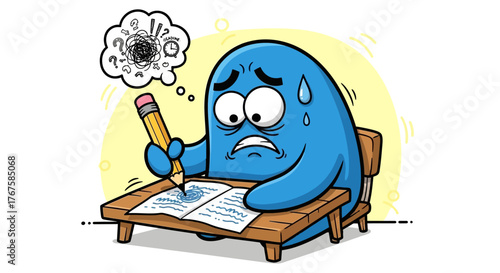 Cartoon character overwhelmed by a complicated test with looming deadline pressure depicted in a
