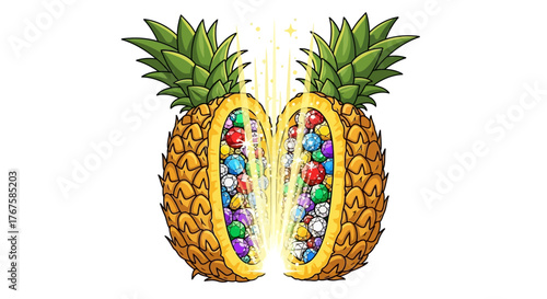 Exploding with delightful treasures: A halved pineapple revealing inner gems and radiant light