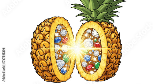 A dazzling pineapple reveals a treasure trove of colorful gemstones, illuminated by a brilliant