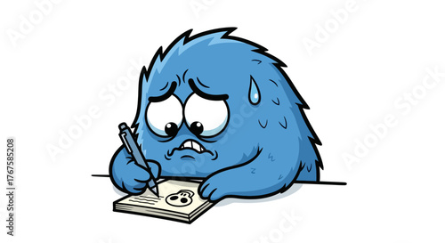 Distressed blue monster desperately scribbling in a notepad trying to meet a difficult deadline
