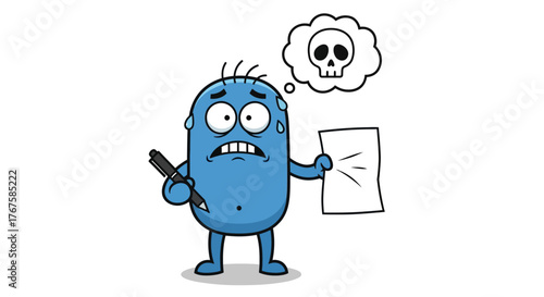 Cartoon character facing writer's block with fear of failure and looming deadline stress